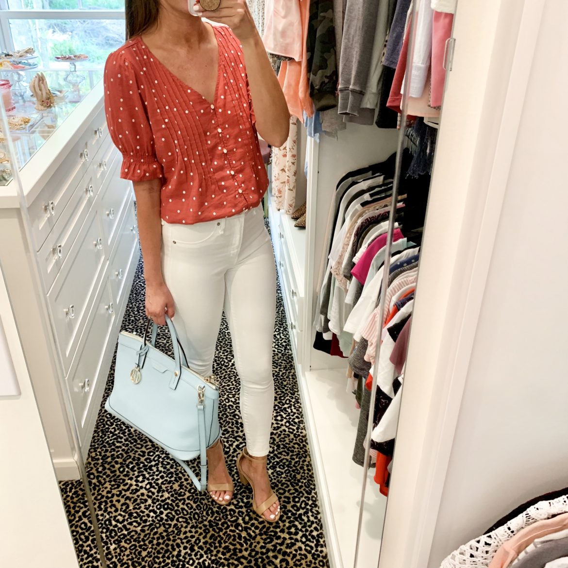 Red Polka Dot Blouse + White Jeans