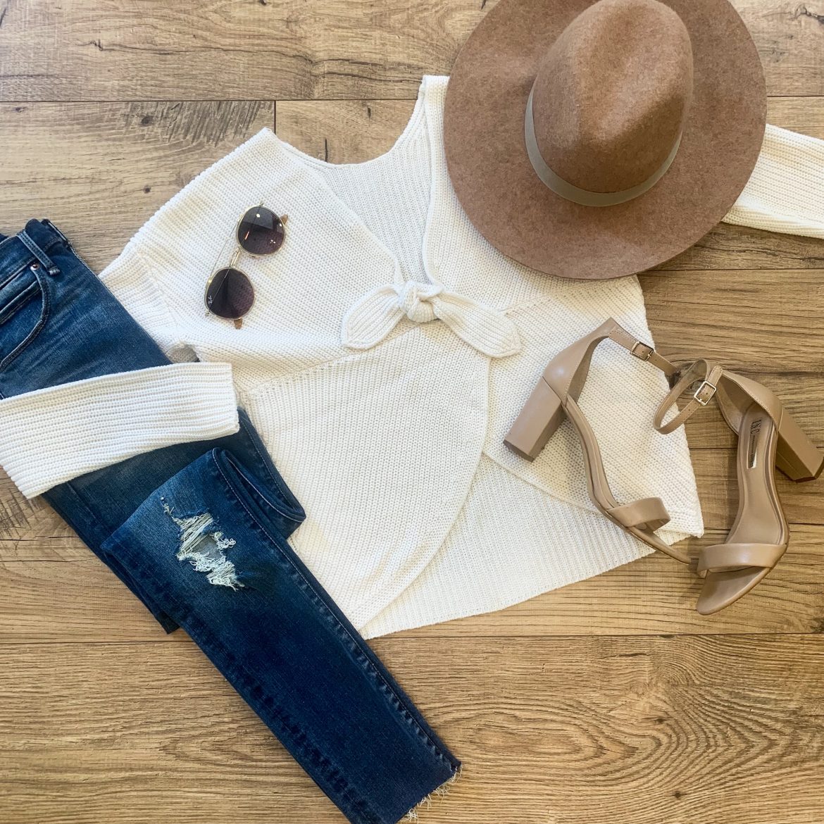 Cream Tie-Back Sweater + High-Waisted Jeans