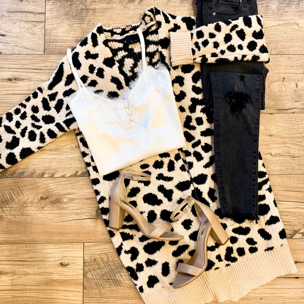 Long Leopard Cardigan + White Lace Cami