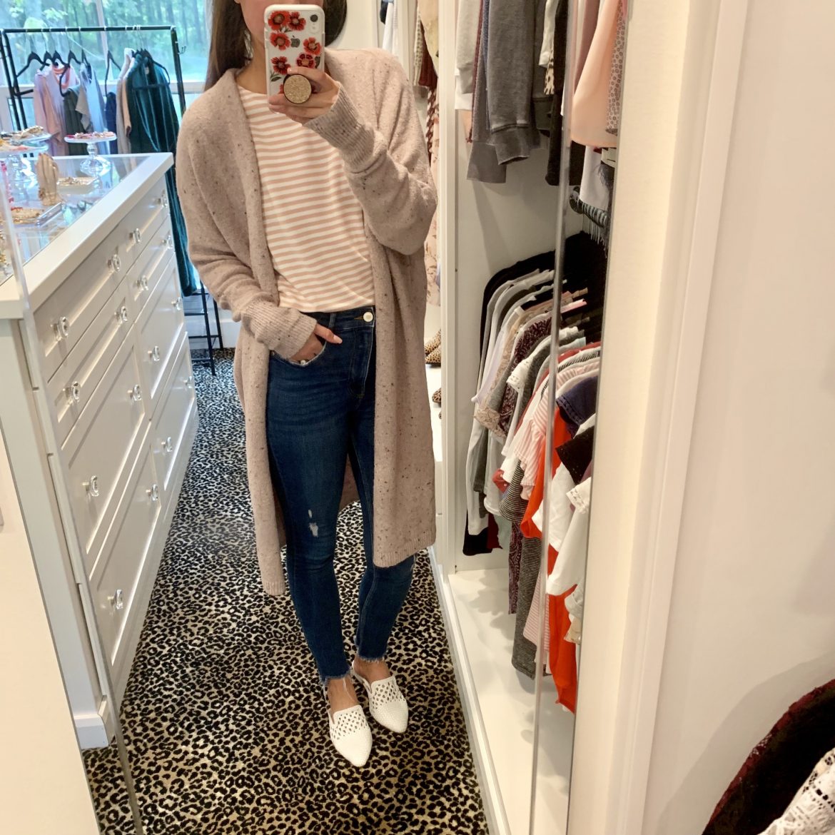 Long Open-Front Sweater + Pink Striped Top