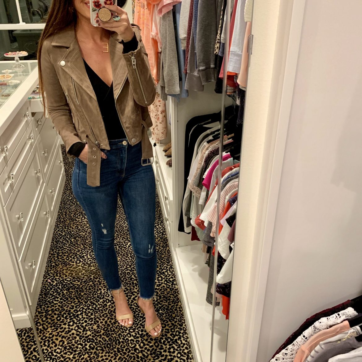 Suede Moto Jacket + Nude Heels
