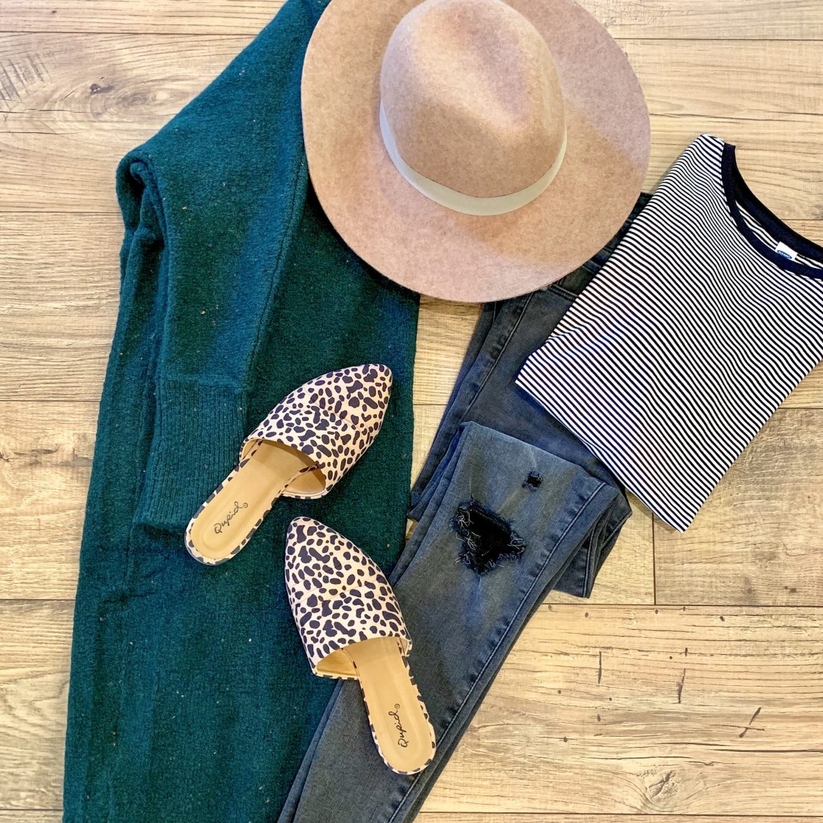 Green Long Open-Front Sweater + Black and White Striped Top