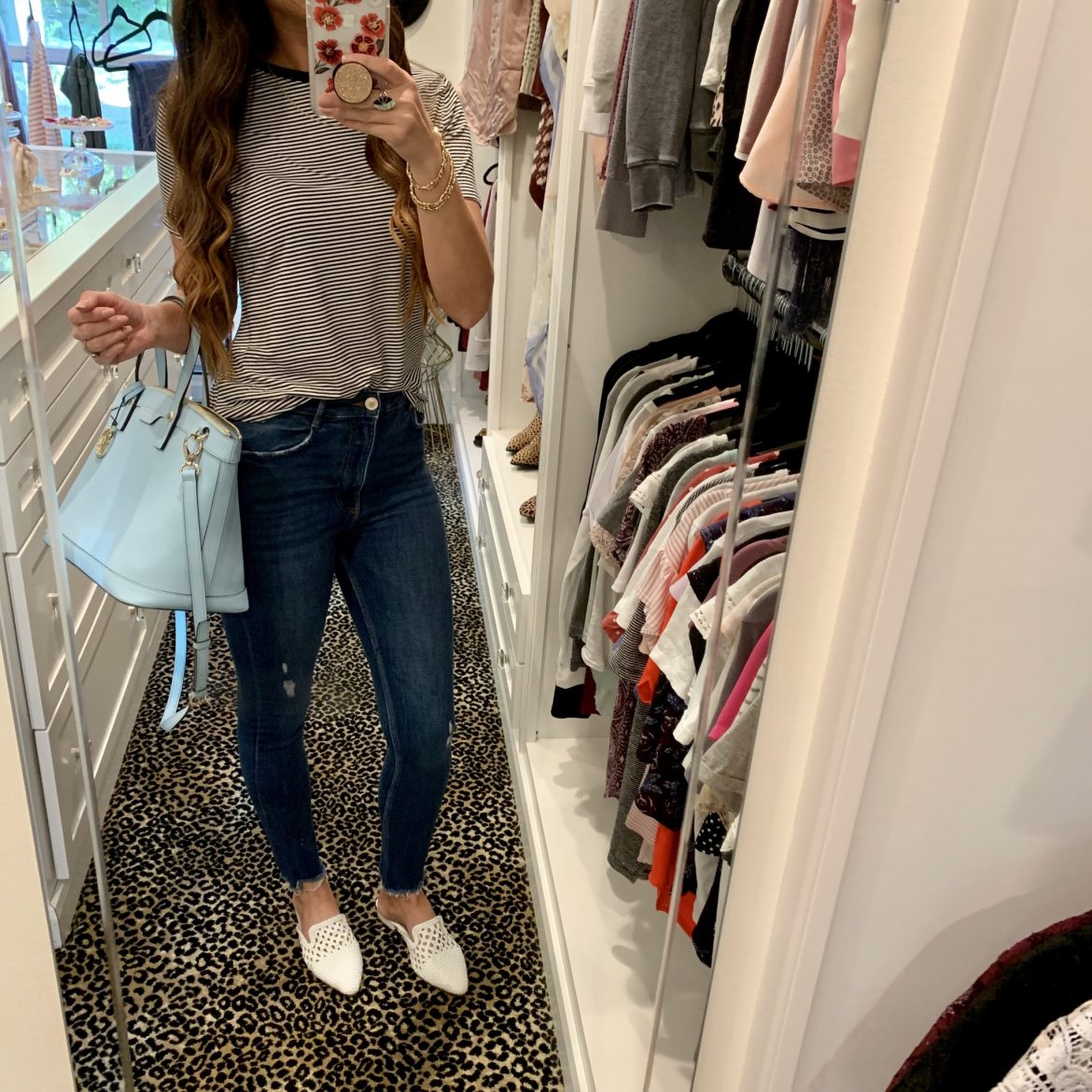 Black and White Striped Tee + White Mules