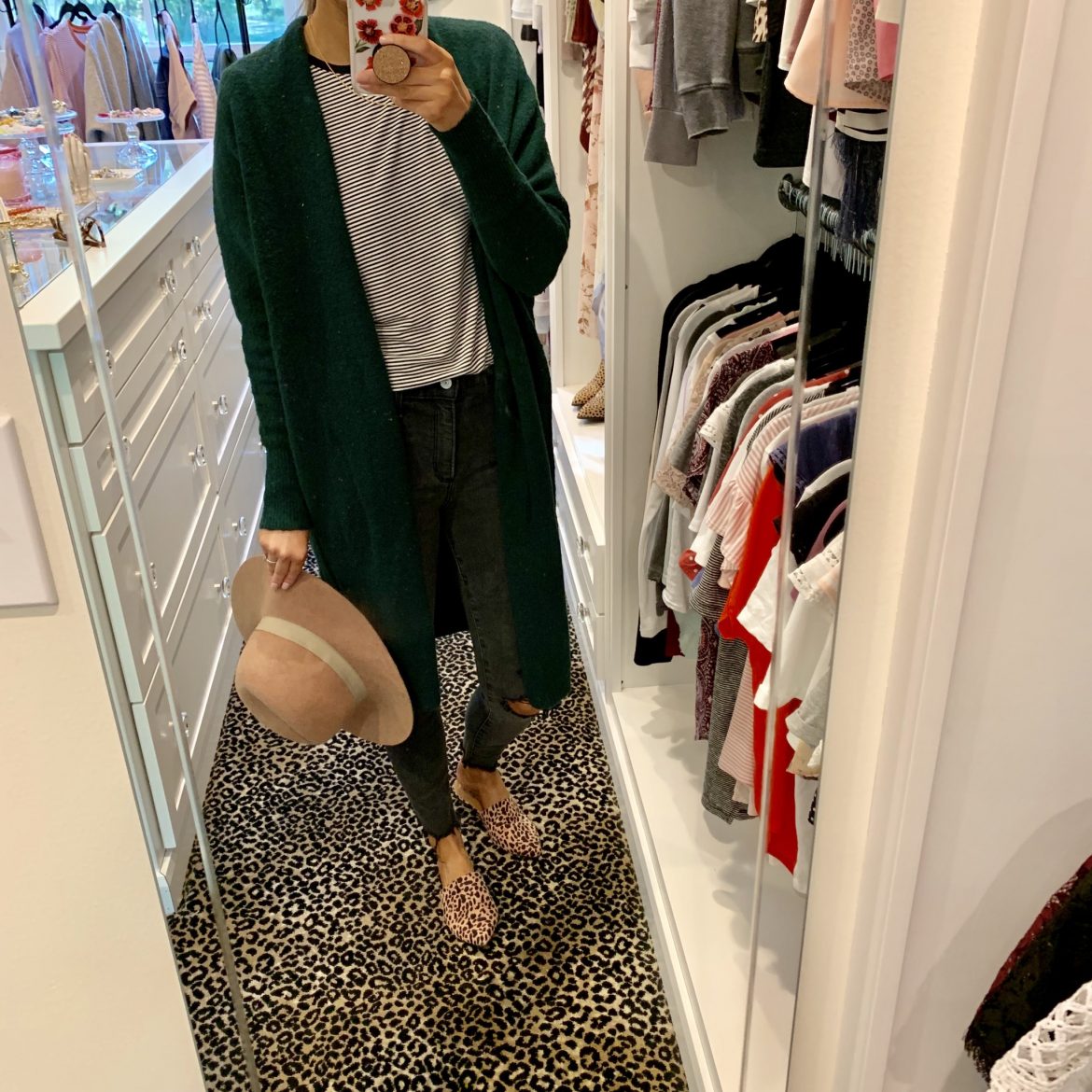 Green Long-Open Sweater + Black and White Striped Tee