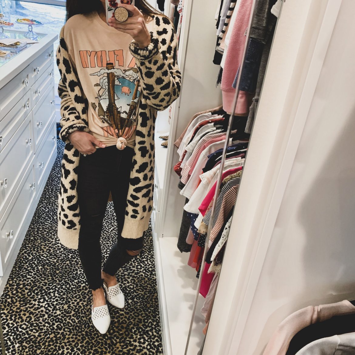 Leopard Cardigan + Pink Floyd Tee