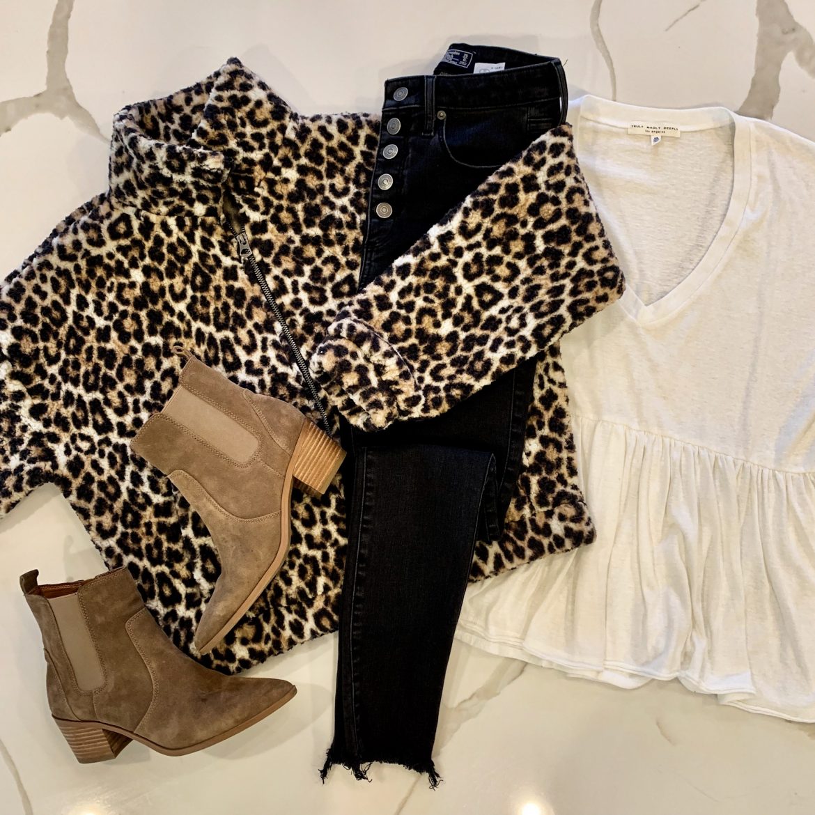 Leopard Sherpa Jacket + Peplum Tee
