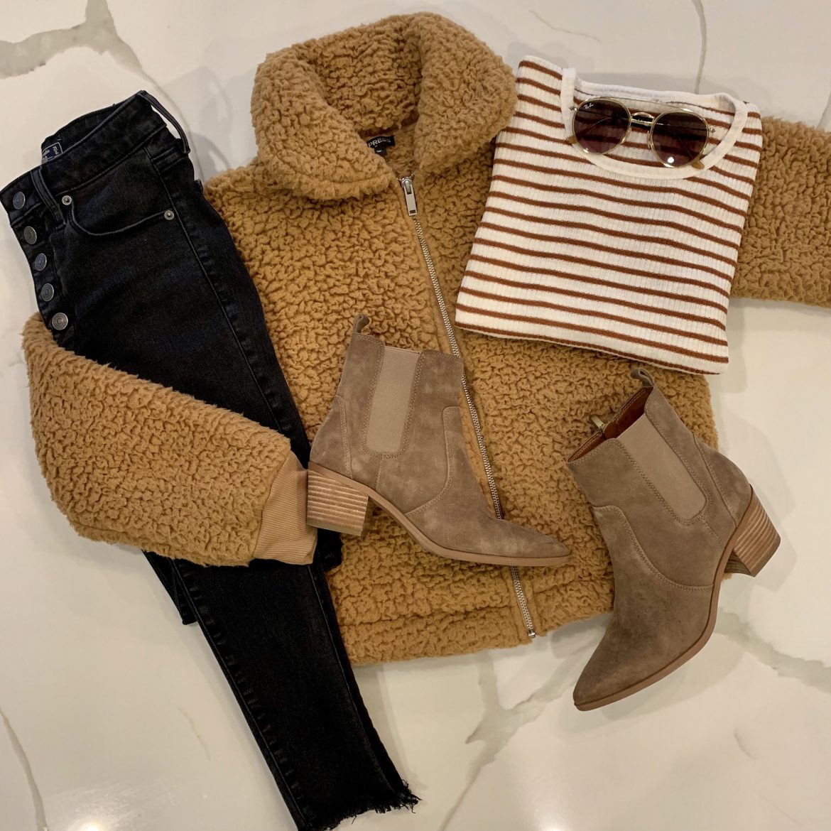 Sherpa Zip-Up + Striped Top