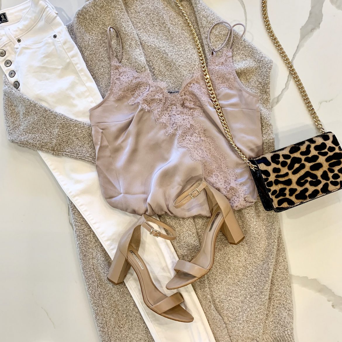 White Jeans with Button-Detail Jeans + Lace Cami Bodysuit