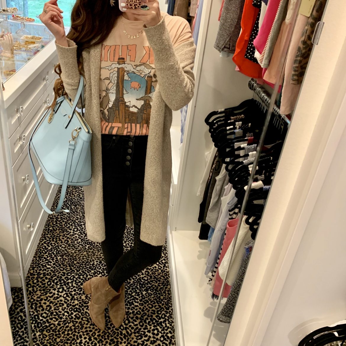 Pink Floyd Tee + Black High-Waisted Jeans