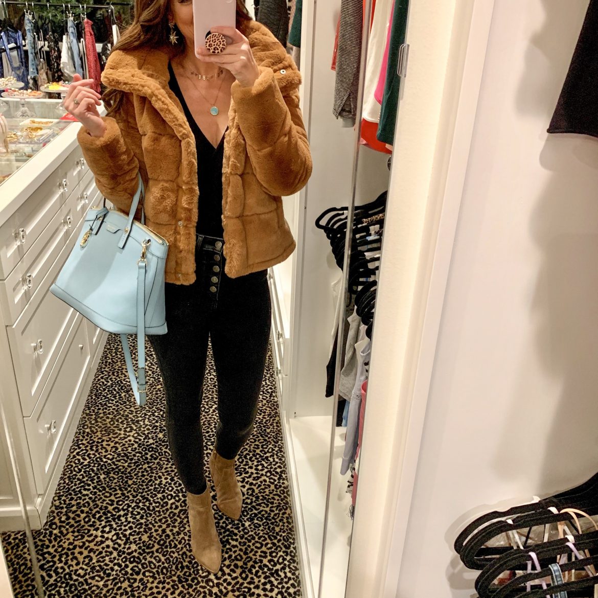 Faux Fur Puffer Coat + Black Button-Detail High-Waisted Jeans