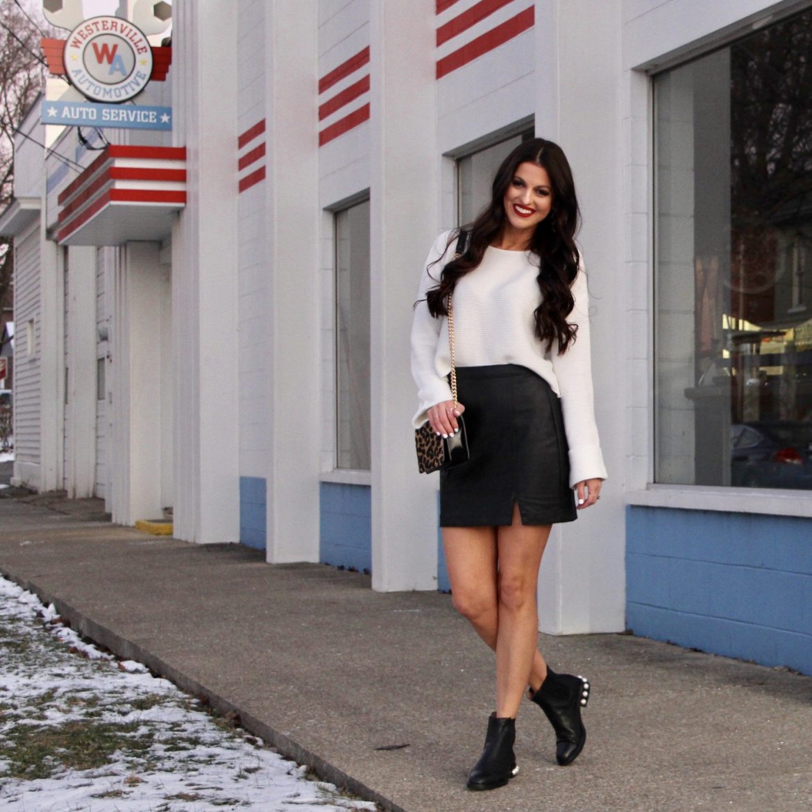 Faux Leather Mini Skirt + White Cropped Sweater