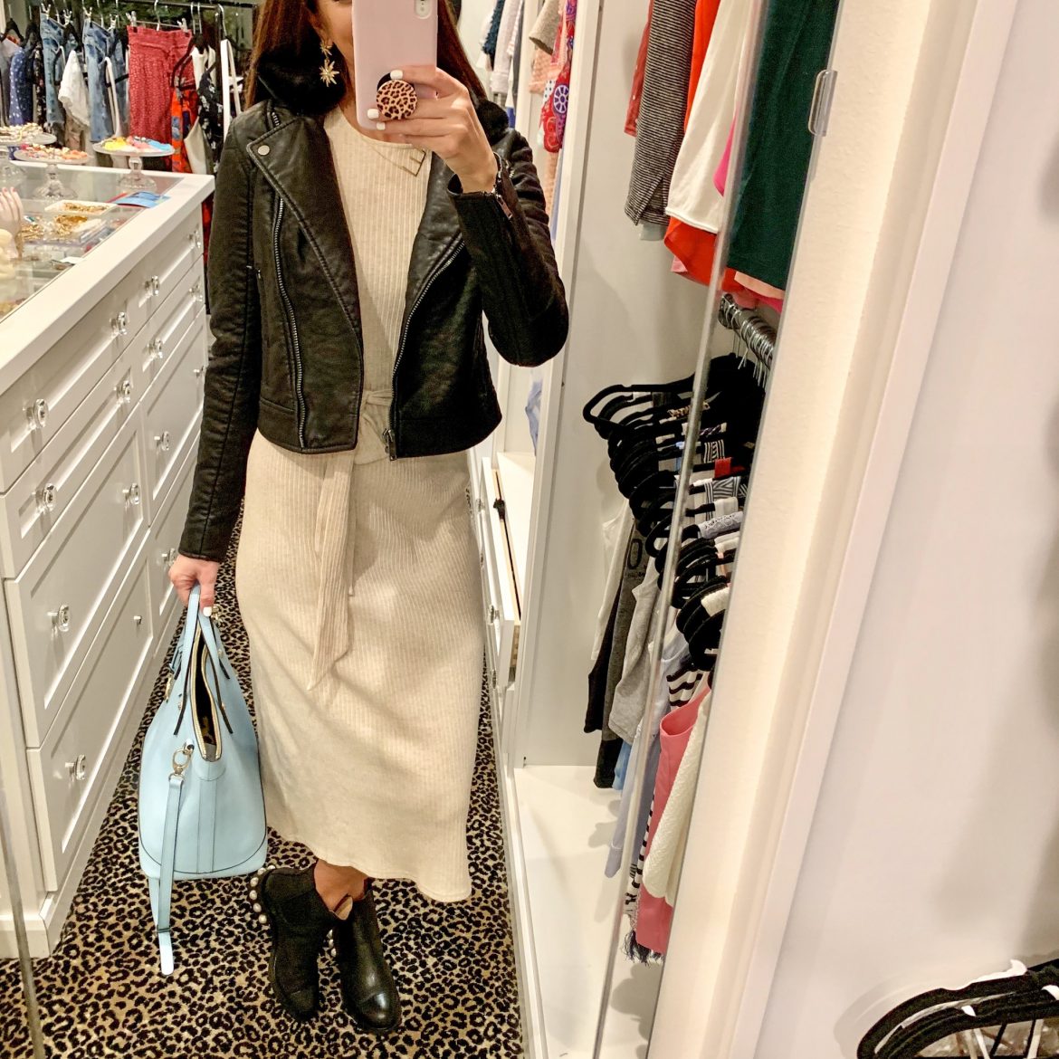 Long-Sleeve Midi Dress + Faux Leather Jacket with Removable Faux Fur Collar