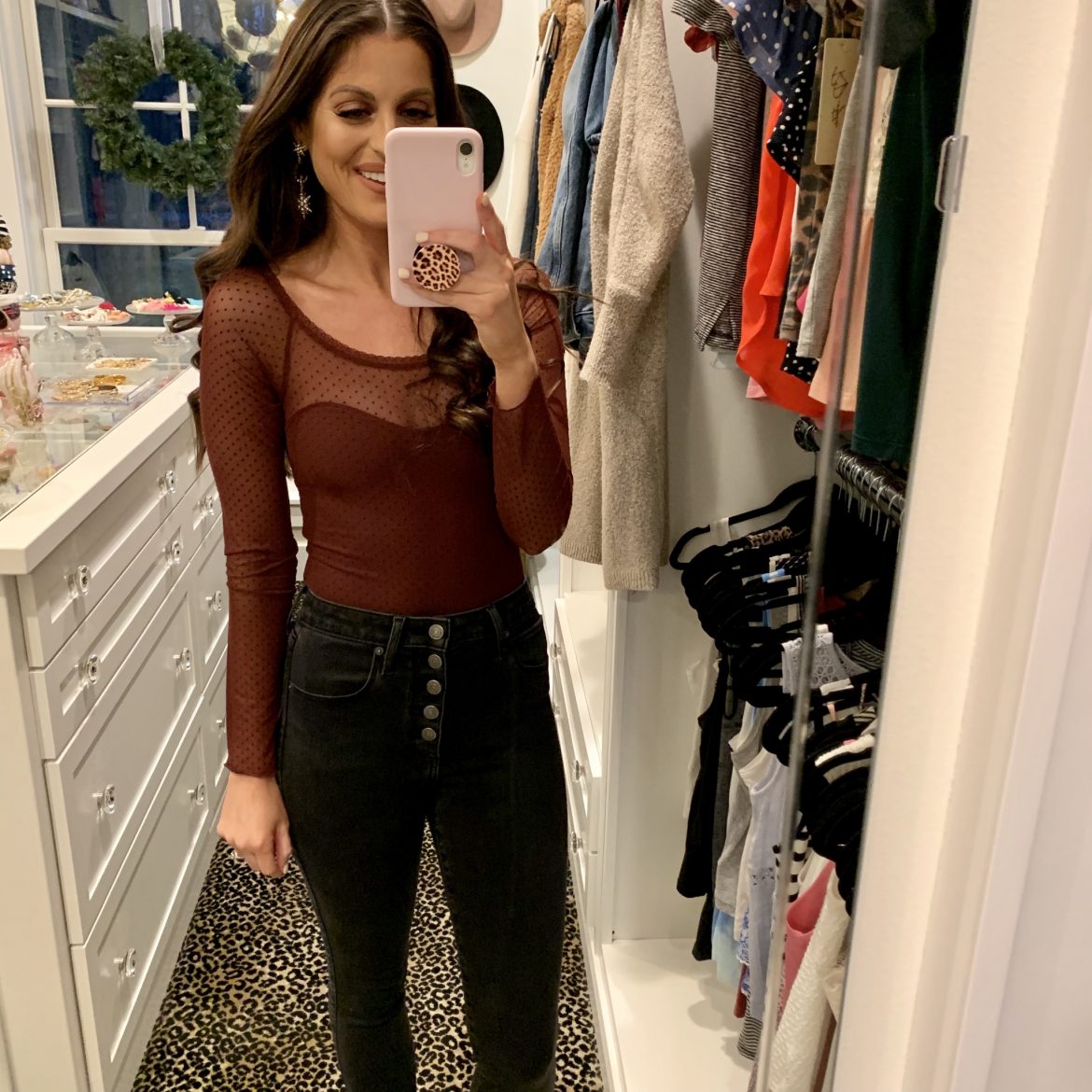 Long-Sleeve Mesh Bodysuit + Black High-Waisted Jeans