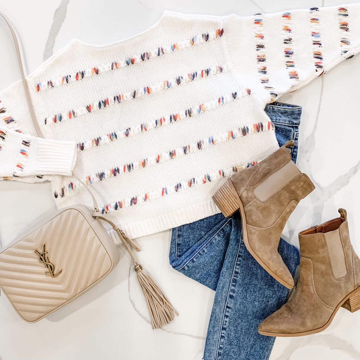 Cropped Rainbow Sweater + High-Waisted Jeans