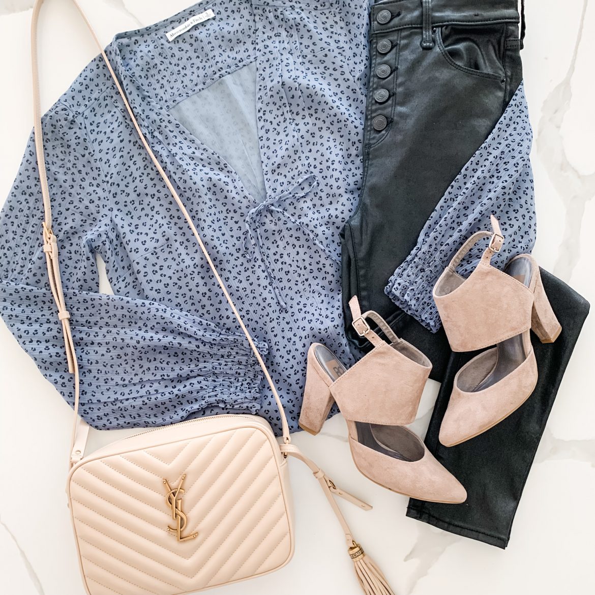 Blue Leopard Bodysuit + Black Coated Jeans